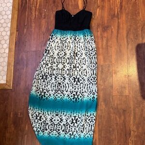 Three Hearts Black and Teal Patterned Maxi Dress